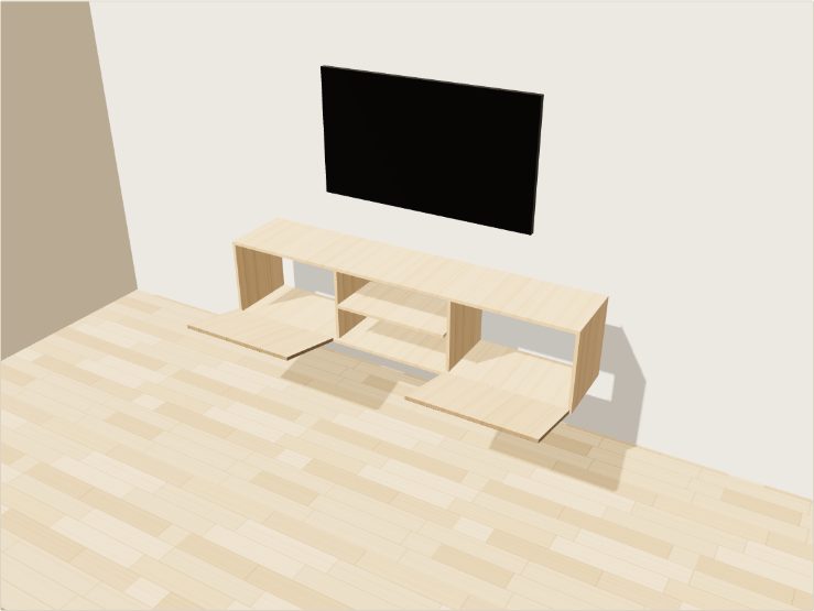 3D model závesnej TV steny s otvorenými zásuvkami a výklopmi