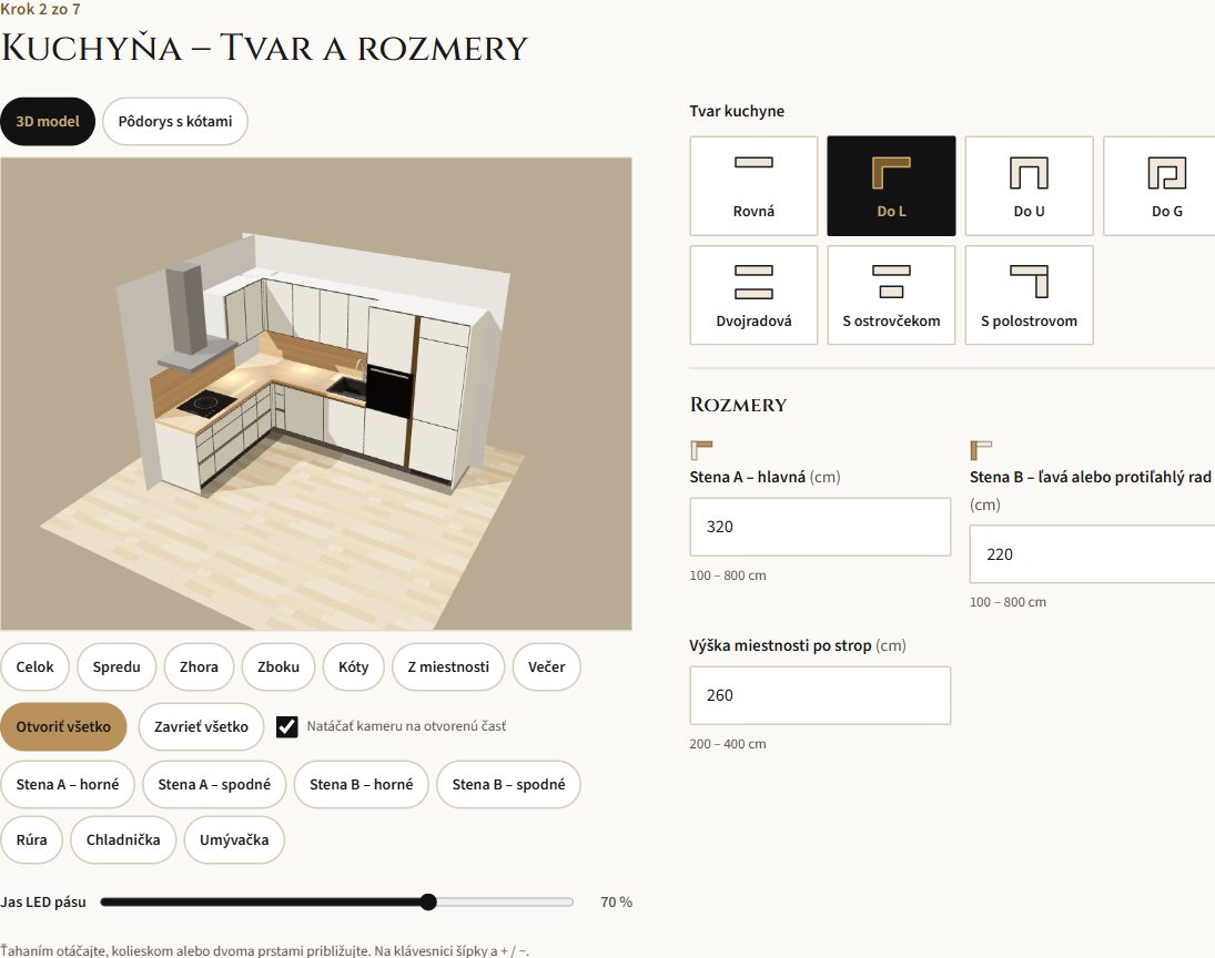 Konfigurátor Bodnár interiér – krok Tvar a rozmery s 3D modelom kuchyne do L a výberom tvaru